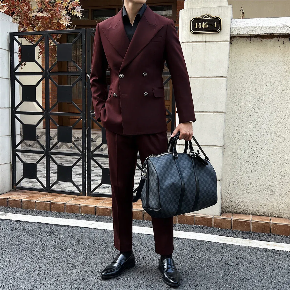 Color: Blue, Size: XXL - 2Pieces Jackets+Pants Design High Quality Men's Set Elegant Fashion Double Breasted Thick Wedding Dress Blazers And Trousers Set