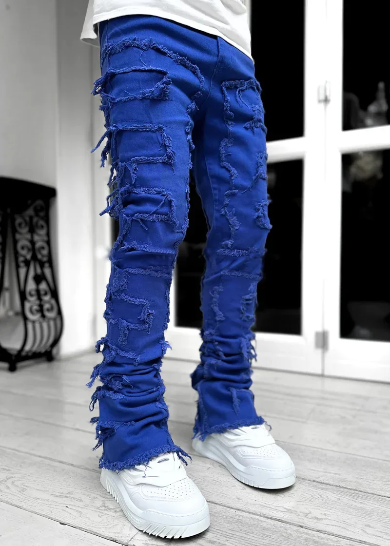 Color: Dark Grey, Size: M - Men's Regular Fit Stacked Jeans Ripped Slim Fit Patch Distressed Destroyed Straight Denim Pants Hip Hop Streetwear Trouser Cloth