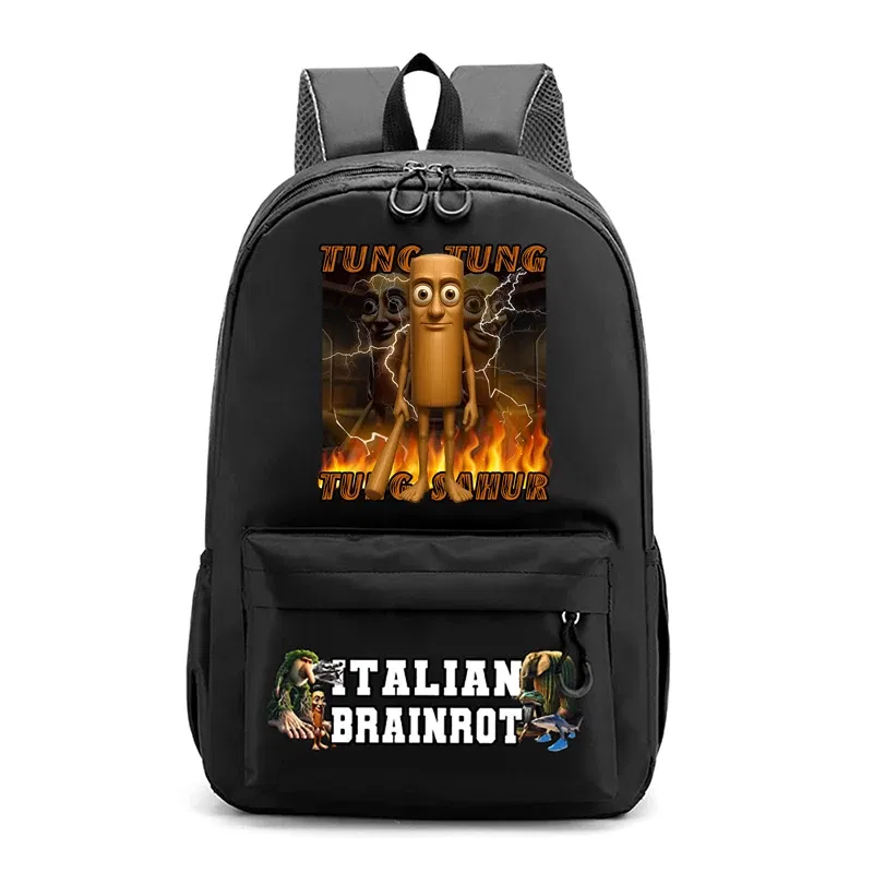 Color: black - Italian Brainrot Kids Cute Schoolbag Tung Tung Tung Sahur Backpack for Boy Funny Meme Anime Knapsack Cartoon Book Bag Gifts 2025