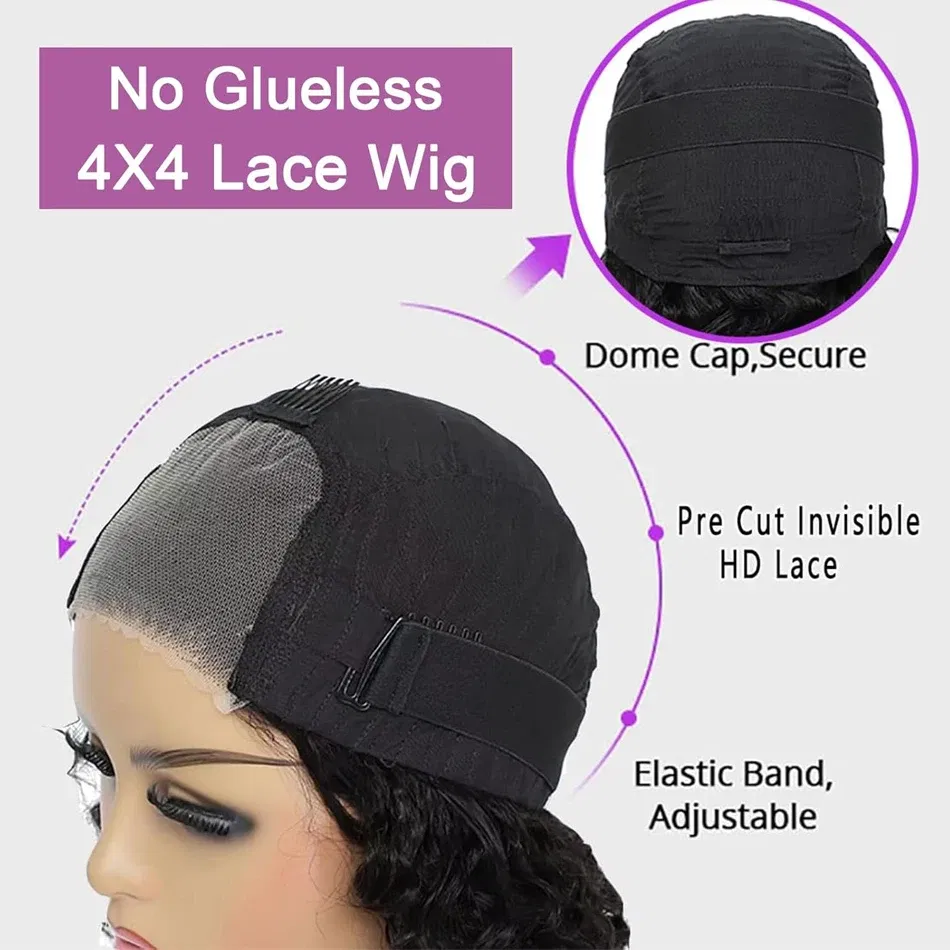 Hair Color: #1B, Stretched Length: 10inches - 13X4 Glueless Water Wave Wigs Human Hair Pre Cut Bob Wig Ready To Go 180% Density 4x4 Water Wave Lace Closure Wigs Human Hair