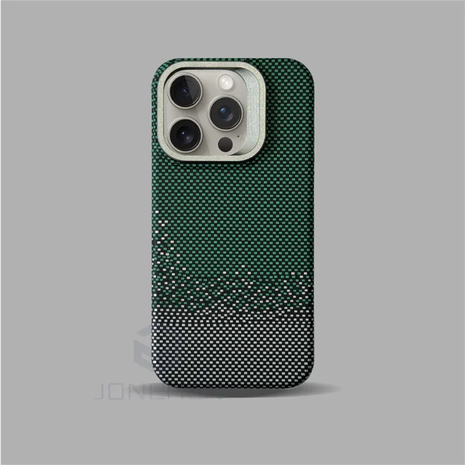 Color: army green, Material: Microfiber - Luxury Magnetic Stand Metal Lens Relief Carbon Fibre Pattern For Magsafe Case For iPhone 15 14 13 Pro Max Shockproof Back Cover