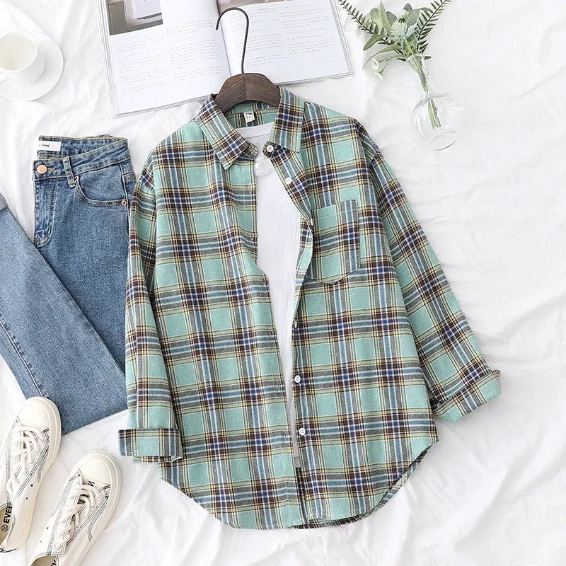 Color: Lavender, Size: XS - Fresh Flannel Plaid Shirt Women 2025 New Female Blouses and Tops Cotton Loose Long Sleeve Casual Shirts Fine Women's Clothes