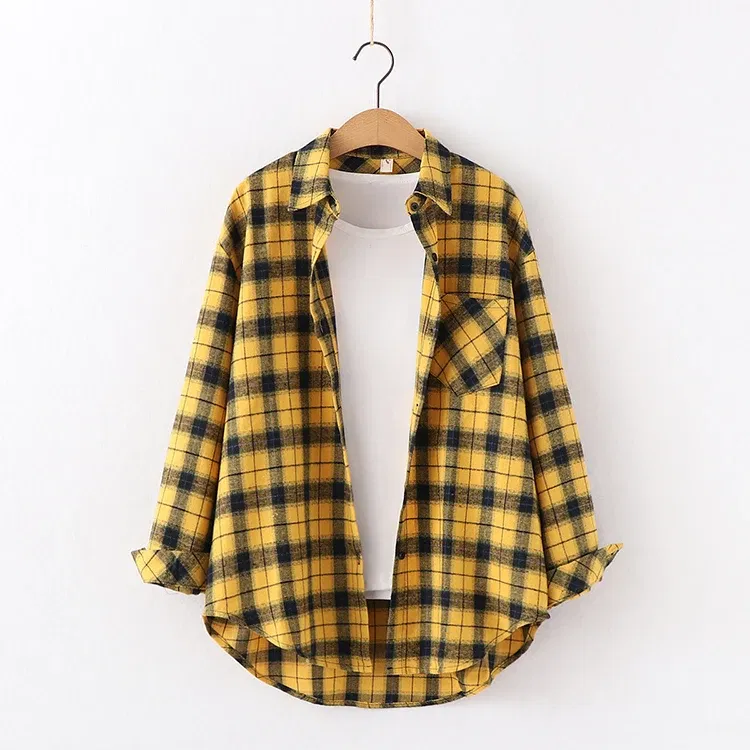 Color: Lavender, Size: XS - Fresh Flannel Plaid Shirt Women 2025 New Female Blouses and Tops Cotton Loose Long Sleeve Casual Shirts Fine Women's Clothes