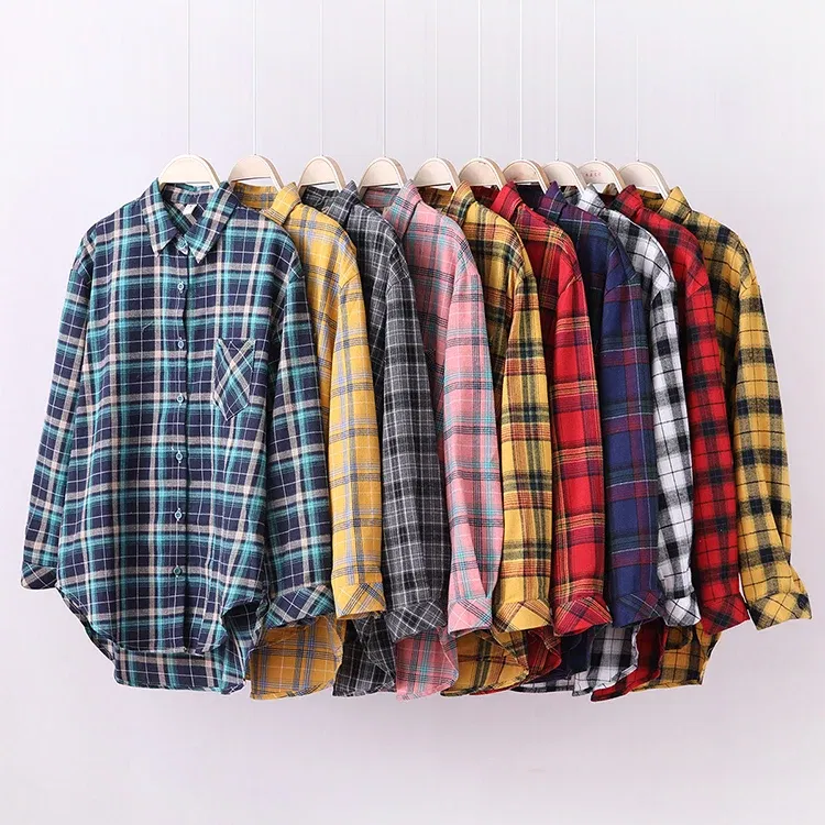 Color: Lavender, Size: XS - Fresh Flannel Plaid Shirt Women 2025 New Female Blouses and Tops Cotton Loose Long Sleeve Casual Shirts Fine Women's Clothes