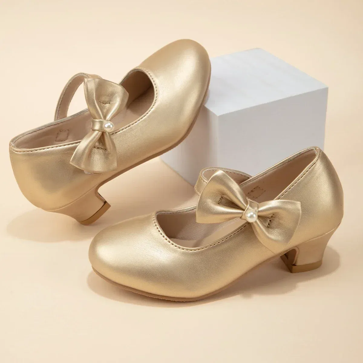 Shoe Size: 28, Color: Gold - Children's Bowknot Wedding Party Princess Shoes Big Kids White Gold Dance Dress Shoes Small Square Heel Children's Shoes