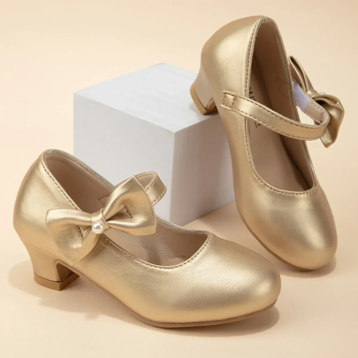 Shoe Size: 28, Color: Gold - Children's Bowknot Wedding Party Princess Shoes Big Kids White Gold Dance Dress Shoes Small Square Heel Children's Shoes