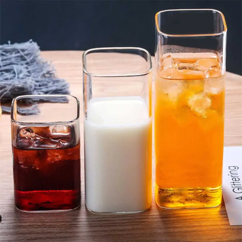 Color: green, Capacity: 301-400ml - Square Simple Glass Cup Transparent Cold Drink Large-capacity Milk Juice Tea Drink Water Mousse Cups Wine Glass Beer Coffee Mug