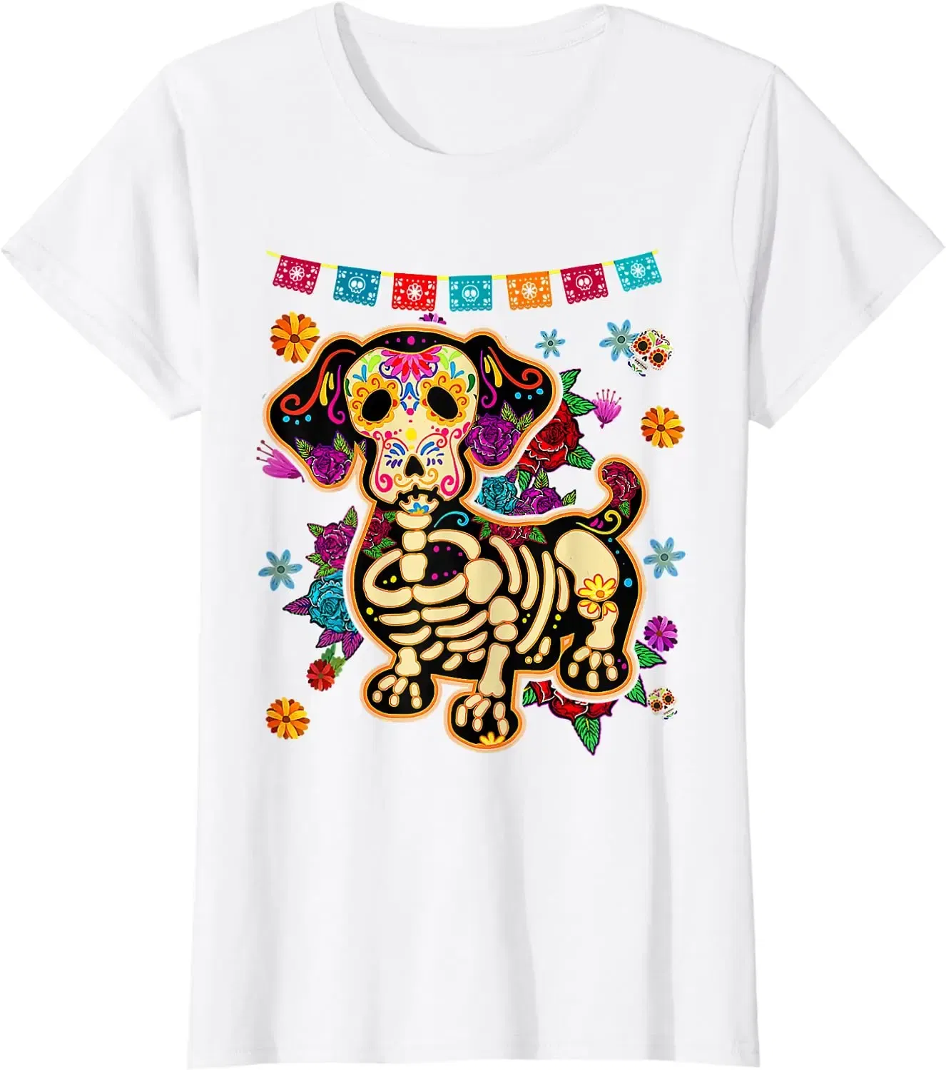 Color: Navy Blue, Size: XXL - Sugar Skull Mexican Dachshund Bone Halloween Day of Dead T-Shirt Casual Cotton Four Seasons Graphic T Shirts Funny T Shirts