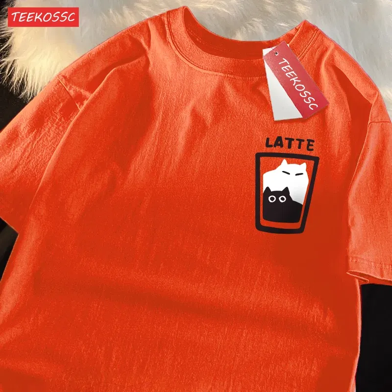 Color: Turquoise, Size: XL - Mocha Latte Couple Outfit Cat Coffee Couple Male T-Shirts Graphic Cool Tee Shirt High-Quality Oversized Tshirt Comfort Soft