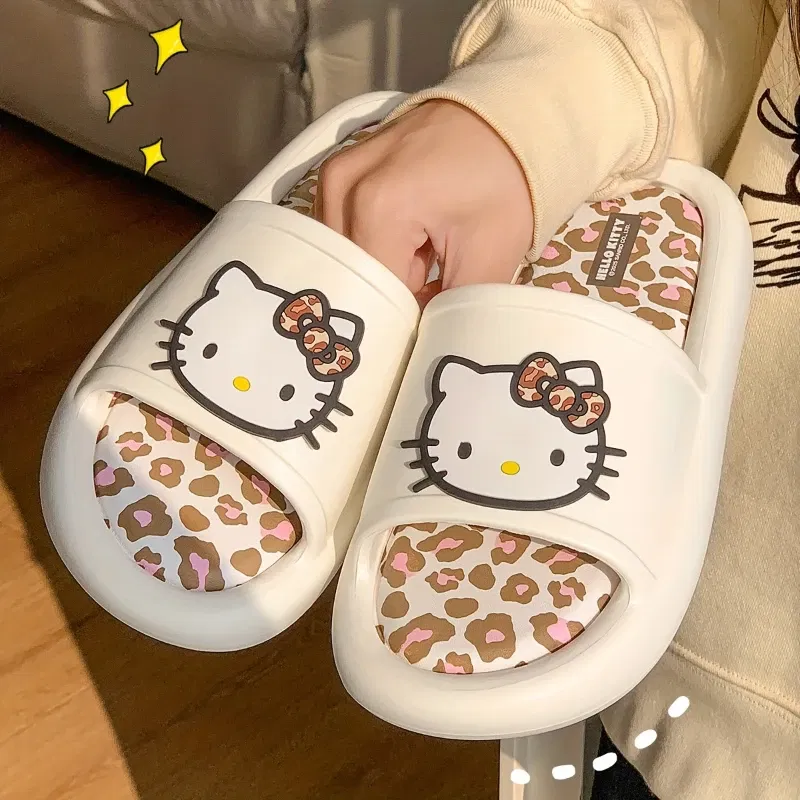Color: Grape, Shoe Size: 38-39 - Miniso Hello Kitty Cute Leopard Print Slippers Trendy Open-Toe Slide Sandals in Chic Two-Tone Design Comfortable EVA Material