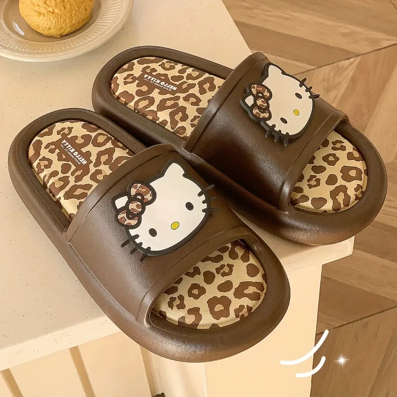 Color: Grape, Shoe Size: 38-39 - Miniso Hello Kitty Cute Leopard Print Slippers Trendy Open-Toe Slide Sandals in Chic Two-Tone Design Comfortable EVA Material