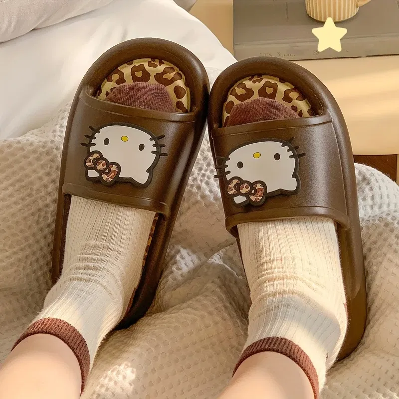 Color: Grape, Shoe Size: 38-39 - Miniso Hello Kitty Cute Leopard Print Slippers Trendy Open-Toe Slide Sandals in Chic Two-Tone Design Comfortable EVA Material