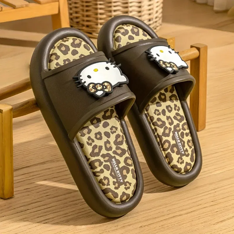 Color: Grape, Shoe Size: 38-39 - Miniso Hello Kitty Cute Leopard Print Slippers Trendy Open-Toe Slide Sandals in Chic Two-Tone Design Comfortable EVA Material