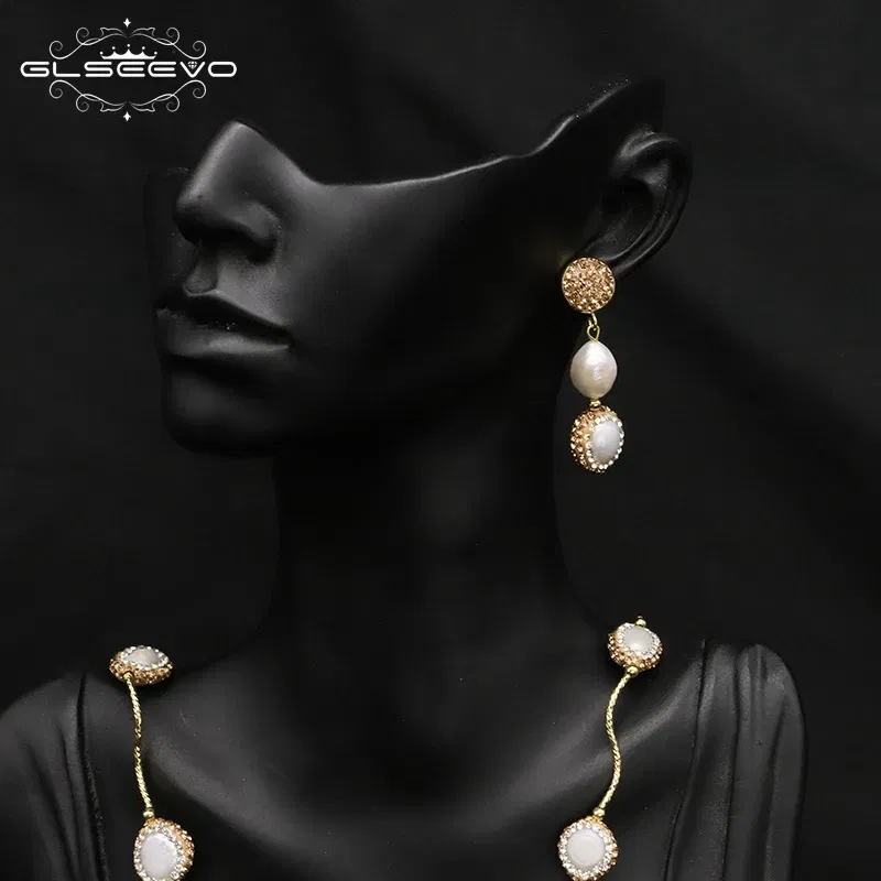 GLSEEVO Fashion Handmake Paved Freshwater Pearl Earring Long Fringed Statement Drop Earrings for Women Jewelry Party Earrings