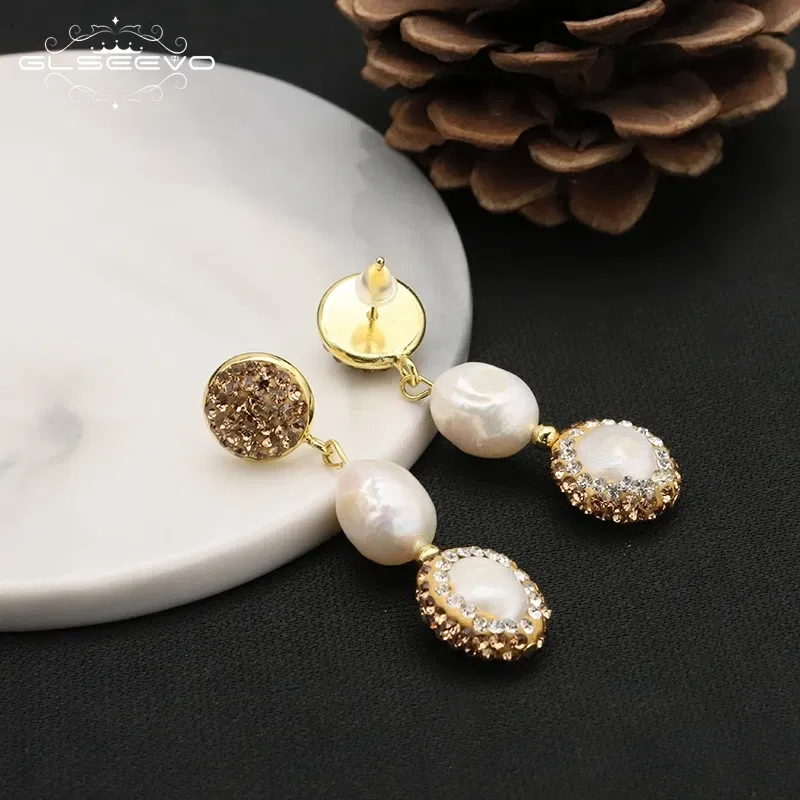 GLSEEVO Fashion Handmake Paved Freshwater Pearl Earring Long Fringed Statement Drop Earrings for Women Jewelry Party Earrings