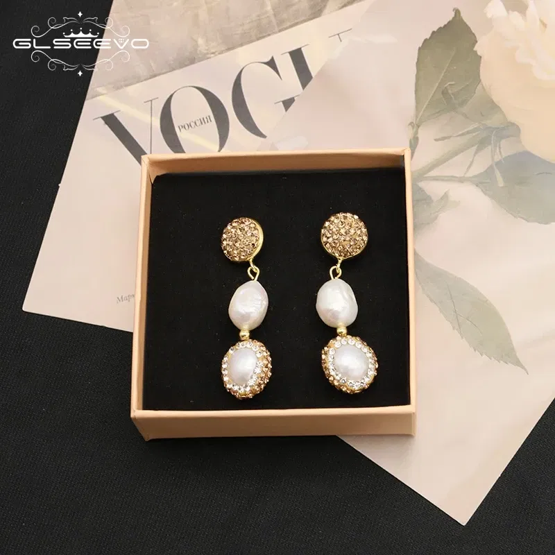 GLSEEVO Fashion Handmake Paved Freshwater Pearl Earring Long Fringed Statement Drop Earrings for Women Jewelry Party Earrings