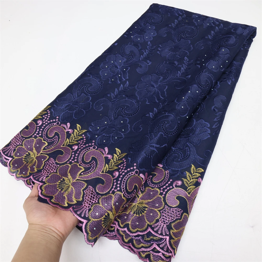 Color: BROWN, Length: 5 yards, Width: 120cm - Latest Dry Cotton African Lace Fabric High Quality 2024 Swiss Voile Lace Fabric with Stones For Nigeria Wedding Sewing Dresses