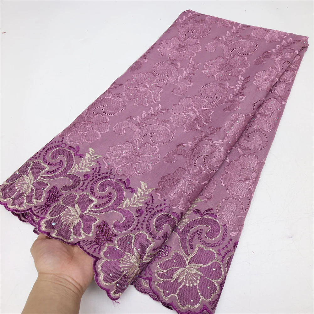 Color: BROWN, Length: 5 yards, Width: 120cm - Latest Dry Cotton African Lace Fabric High Quality 2024 Swiss Voile Lace Fabric with Stones For Nigeria Wedding Sewing Dresses