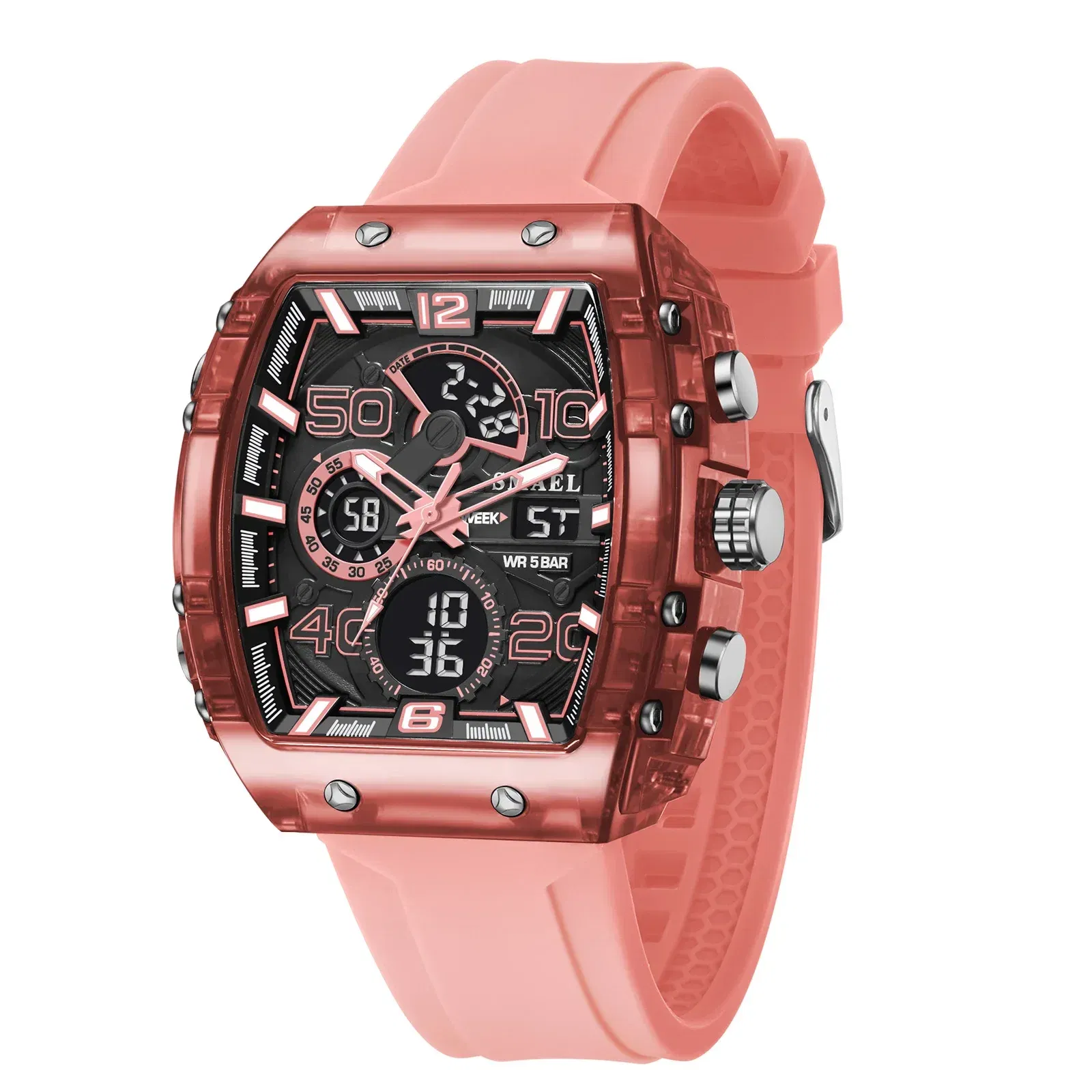 Color: Rose - SMAEL 8109 New Men's Watch Multifunctional Sports 50M Waterproof Dual Display LED Night Light Leisure Student Electronic Watch