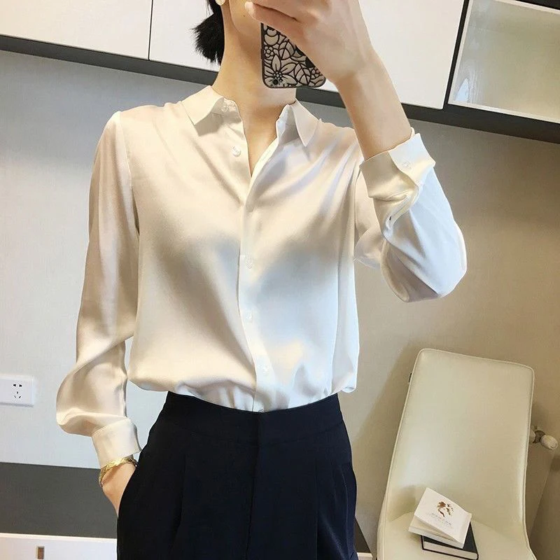 Color: WHITE, Size: XXL - All-match Satin Finish Shirts And Blouses Women Clothing Casual Top OL Long Sleeve Button Elegant Shirts French Solid Blouses