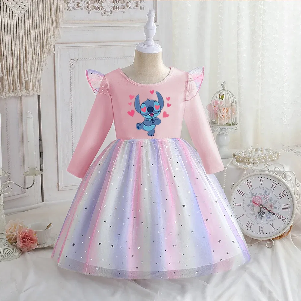 Color: GRAY, Kid Size: 2T - Stitch Princess Dress Autumn New Disney Baby Girls Dress Spring Autumn Long-sleeved For Children Kids Clothes Birthday Party