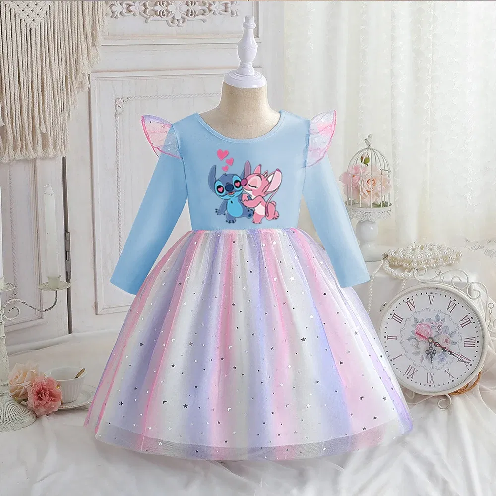 Color: GRAY, Kid Size: 2T - Stitch Princess Dress Autumn New Disney Baby Girls Dress Spring Autumn Long-sleeved For Children Kids Clothes Birthday Party