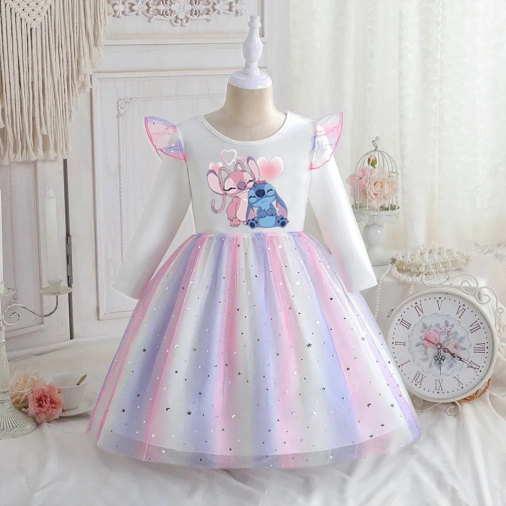 Color: GRAY, Kid Size: 2T - Stitch Princess Dress Autumn New Disney Baby Girls Dress Spring Autumn Long-sleeved For Children Kids Clothes Birthday Party