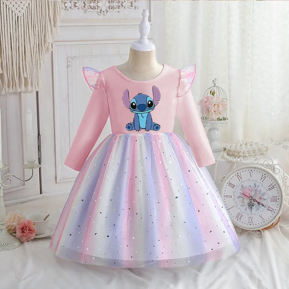 Color: GRAY, Kid Size: 2T - Stitch Princess Dress Autumn New Disney Baby Girls Dress Spring Autumn Long-sleeved For Children Kids Clothes Birthday Party