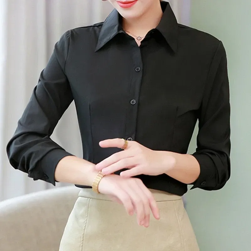 Color: black, Size: 4XL - Elegant Women Shirts Woman White Shirt Long Sleeve Blouse Office Lady business Pink Shirts Button Solid Women work Blouses Tops