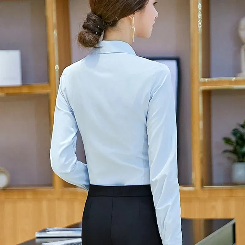 Color: black, Size: 4XL - Elegant Women Shirts Woman White Shirt Long Sleeve Blouse Office Lady business Pink Shirts Button Solid Women work Blouses Tops