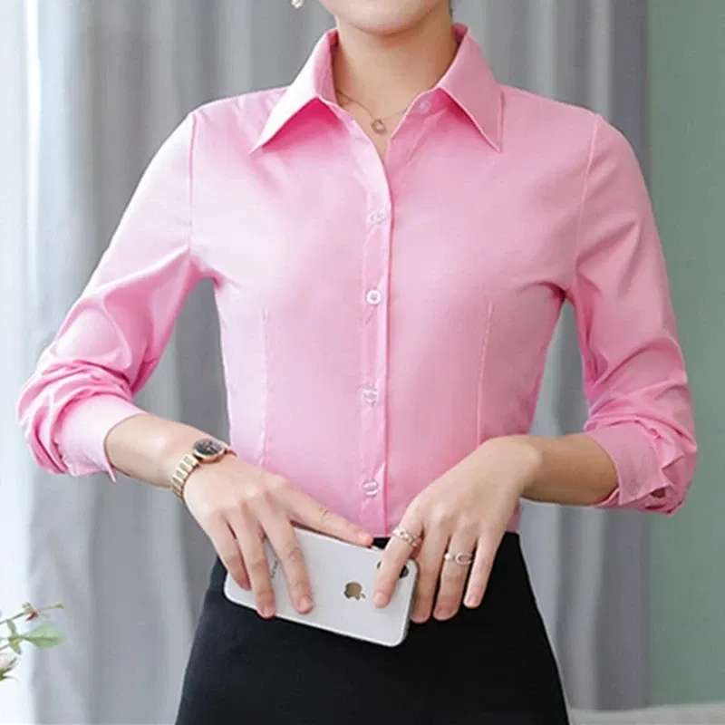 Color: black, Size: 4XL - Elegant Women Shirts Woman White Shirt Long Sleeve Blouse Office Lady business Pink Shirts Button Solid Women work Blouses Tops