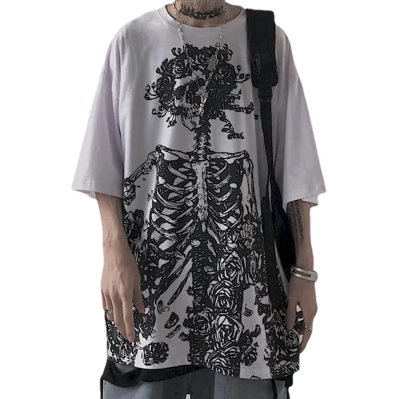 Color: Gold, Size: L - Men T-shirts 2023 Summer Streetwear High Street Gothic Skull Tshirt Loose Oversized Short-sleeved T shirt Dark Anime Men Y2k Top