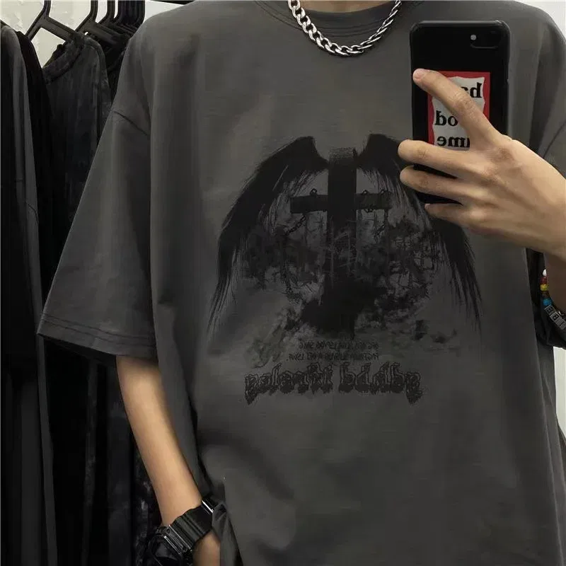Color: Gold, Size: L - Men T-shirts 2023 Summer Streetwear High Street Gothic Skull Tshirt Loose Oversized Short-sleeved T shirt Dark Anime Men Y2k Top