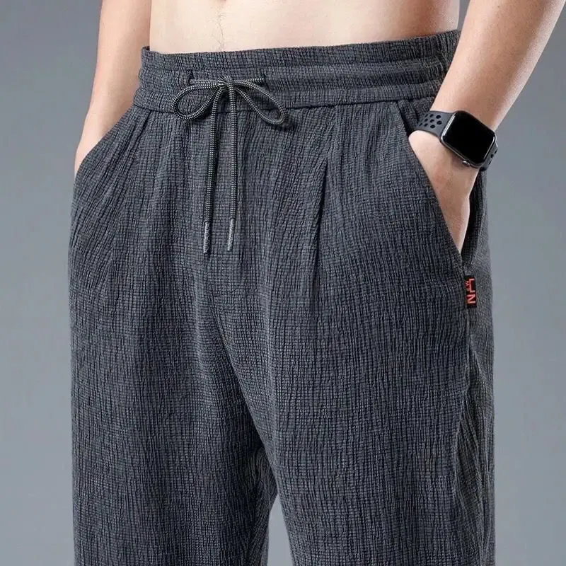 Color: black, Size: M - Summer Ice Silk Man Jogger Linen Pants Casual Wide Summer Sweatpants Male Spring Lightweight Halking Harem Trousers