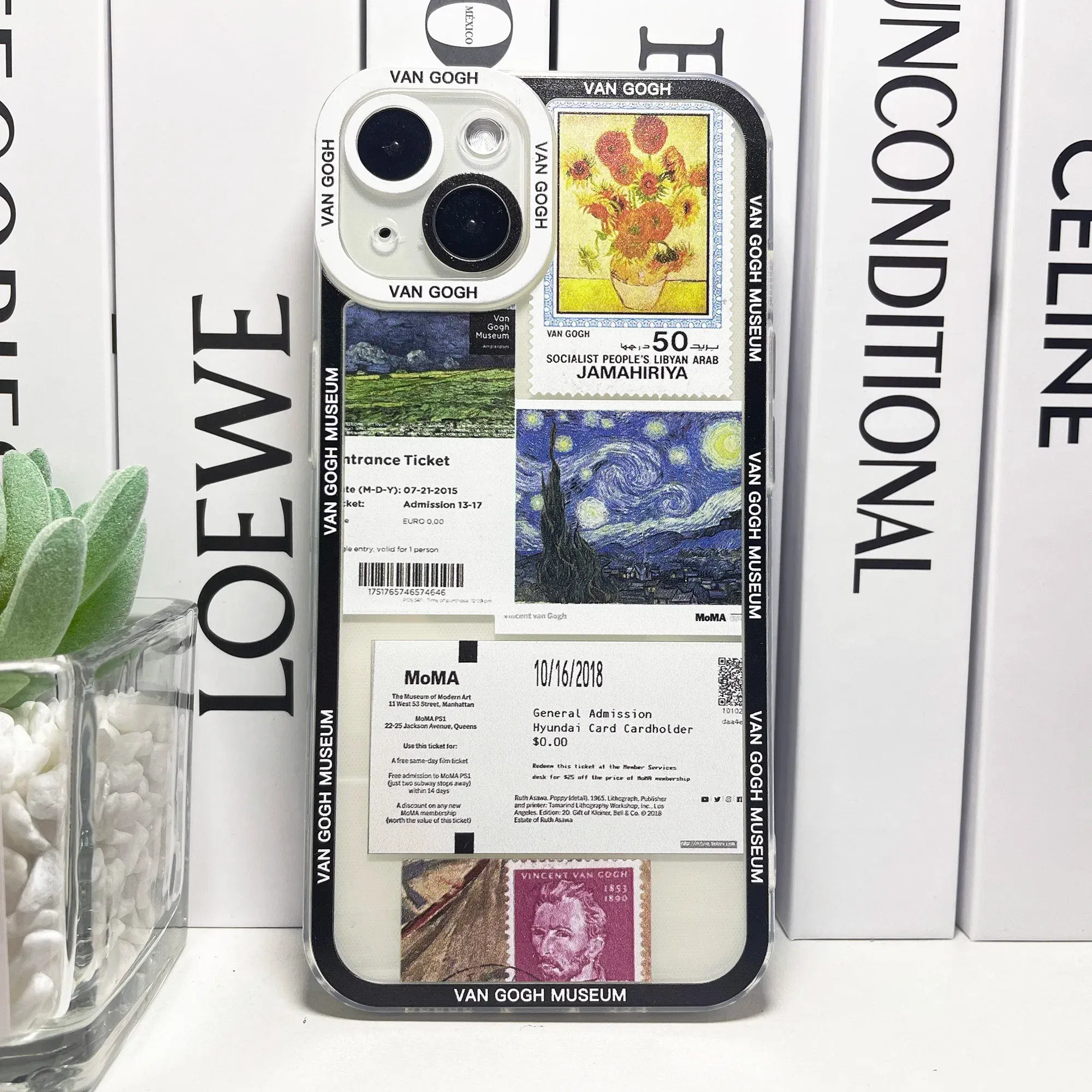 Color: Blue, Material: leather - Van Gogh David Museum Tickets Stickers Collage Art Phone Case For iPhone 14 13 12 11 Pro Max Mini XS X XR SE 7 8 Plus Soft Cover