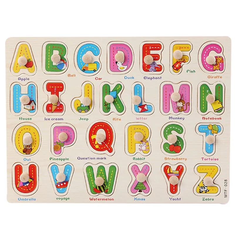 Color: Light Grey - Baby Wooden Puzzles Montessori Toys 1 2 Years Toddler Toys Hand Grab Board Alphabet Number Cognition Learning Educational Toys