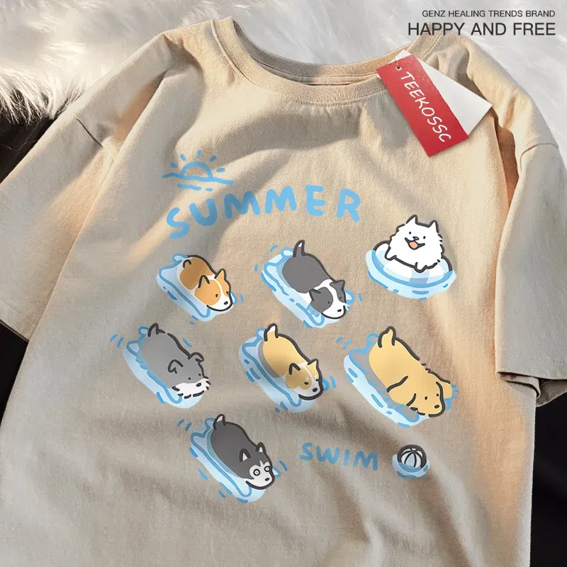 Color: green, Size: XXL - Fun Cat And Dog Swimming Japanese Style T-Shirt Female Casual Loose T-Shirts Summer Cotton Tops Fashion Breathable Tee Clothing