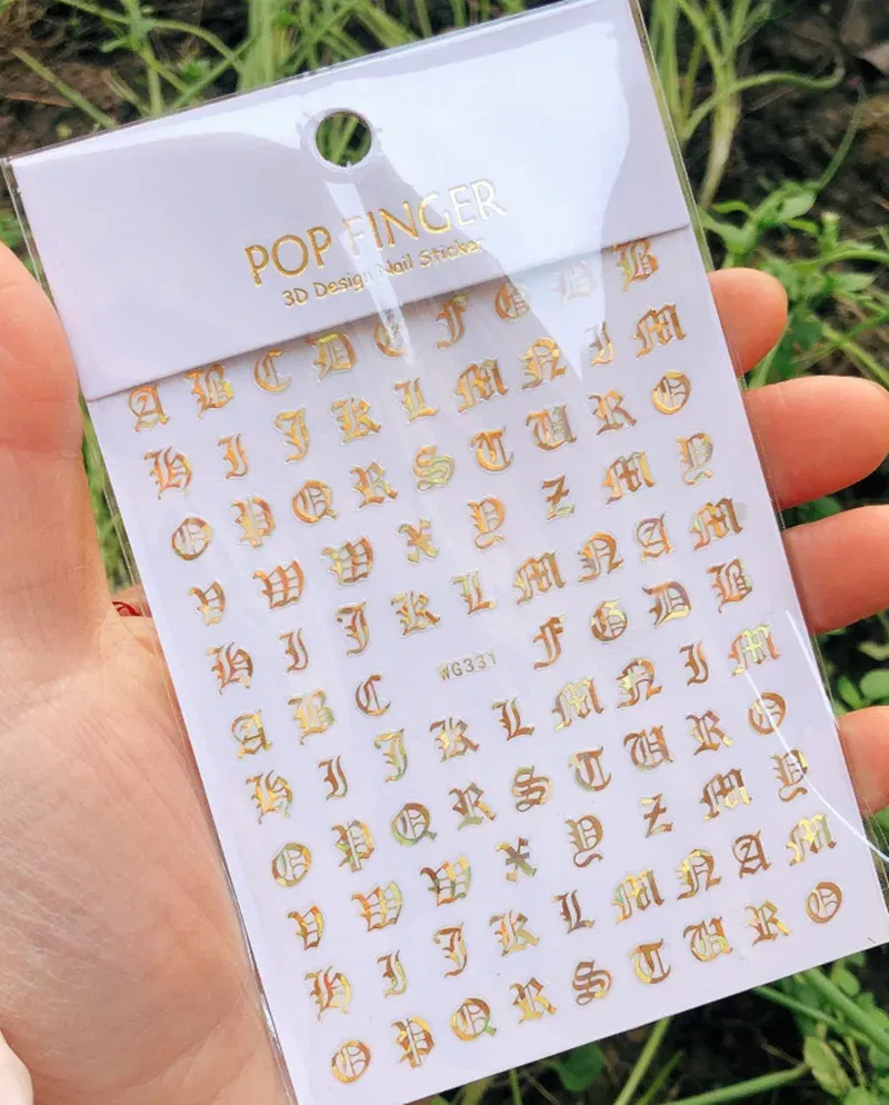 Color: Burgundy - 1PCS New English Alphabet Nail Stickers Multi-Color Laser Reflective Nail Slider Art Cool Text Nail Kit
