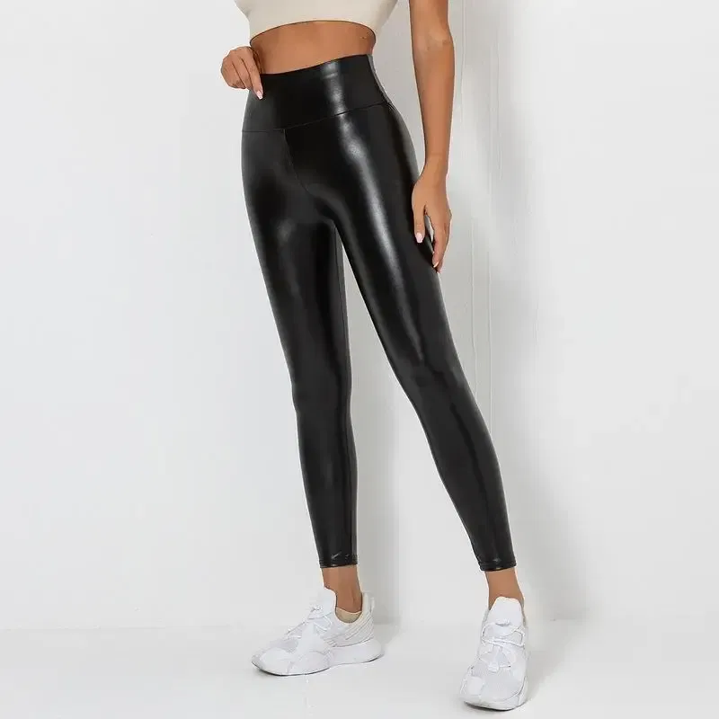 Color: Beige, Size: L - PU Leather Leggings Women Sexy Scrunch Butt Leggings Girls Faux Leather Pants High Waist Push Up Casual Leggings 6 Color