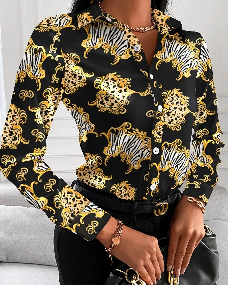 Color: Yellow, Size: S - Women Fashion Wild Shirts Chain/Floral/Letter/Geometric Square Print Turn-Down Collar Long Sleeve Blouses