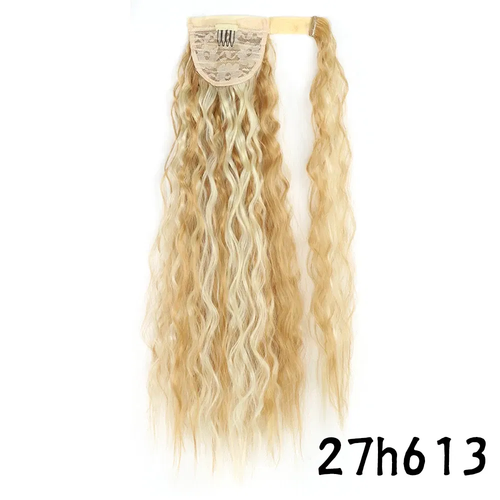 Color: P18/613, Stretched Length: 22inches - Synthetic Long Corn Wavy Ponytail Hairpiece Wrap on Hair Clip Ombre Brown Blonde Hair Extensions Pony Tail