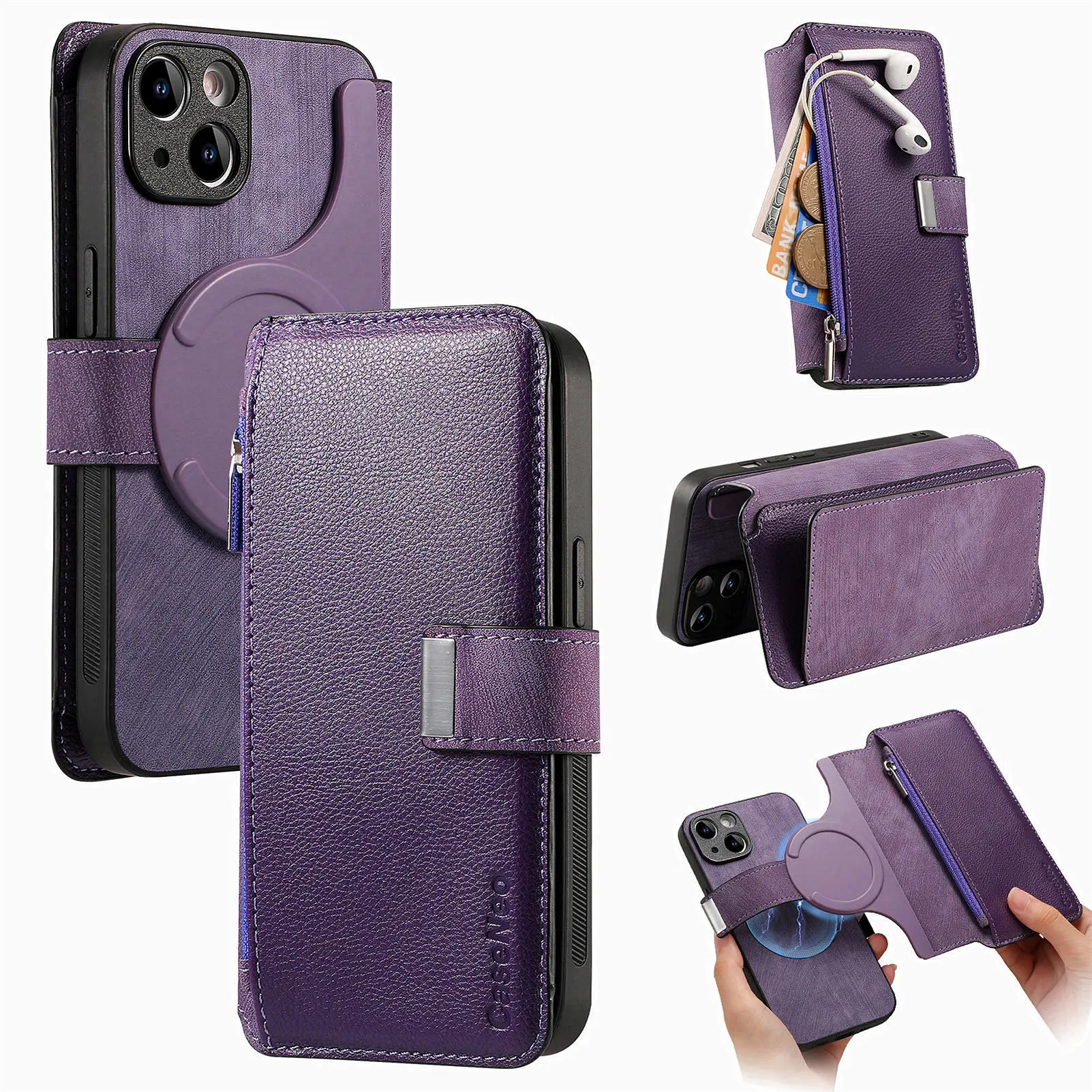 Color: Blue, Material: POLYESTER - With Magsafe Wallet Case For Xiaomi Poco X6 X5 X3 M6 M5S M4 M3 F6 F5 Pro F3 C31 Zipper Leather Multi 6 Card Slot Removable Cover