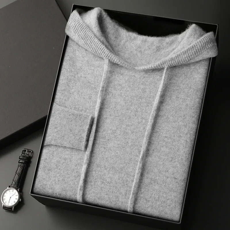Color: Light Grey, Size: M - MEETCC Luxury Men Cashmere Hooded Pullover Thick Warm Hoodie Sweater Autumn Winter 100% Cashmere Knitwear Quality Jumpers Tops