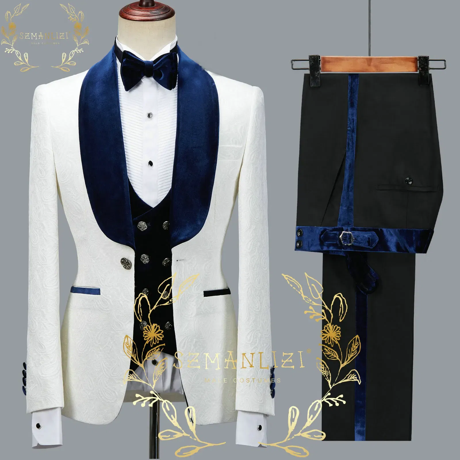 Color: Khaki, Size: XXXL - SZMANLIZI 2022 Latest Designs Black Floral Party Blazer Men Suits Costume Homme Groom Tuxedos Wedding Terno Masculino 3 Pieces