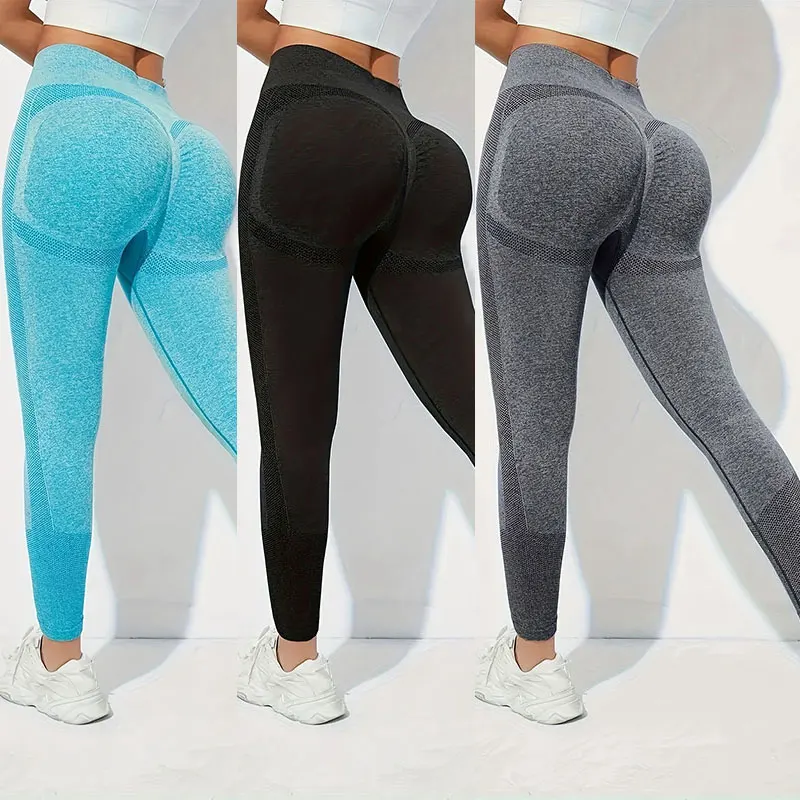 Size: S, Color: Dark blue - Yoga Basic 3pcs Fitness Gym Tights Seamless Hip-hugging Tummy Control Yoga Leggings With Punch Out Holes