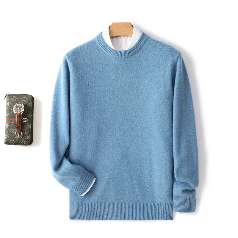 Color: SKY BLUE, Size: M, Ships From: CHINA - Men's 100% Pure Wool Cashmere Sweater O-Neck Pullover Knit Sweater Autumn and Winter New Long Sleeve High-End Jumpers Thick Tops