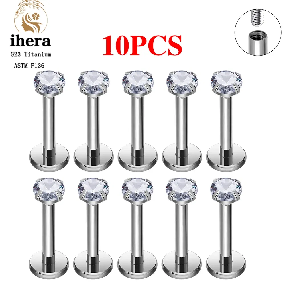 Metal color: Imitation Rhodium Plated, Ships From: CHINA, Main Stone Color: Silver - 10PCS G23 Titanium Labret Piercing Lip Ring 16G F136 Internal Thread Nose Stud Earring Tragus Helix Cartilage Piercing Jewelry