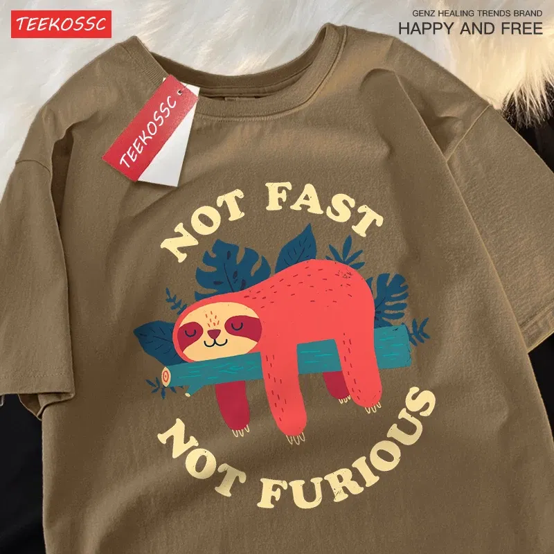 Color: army green, Size: XXXL - Not Fast Not Furious Cute Sloth Male T Shirts Hip Hop Crewneck Short Sleeve Summer Cotton Tops Casual Sweat Oversized T-Shirts