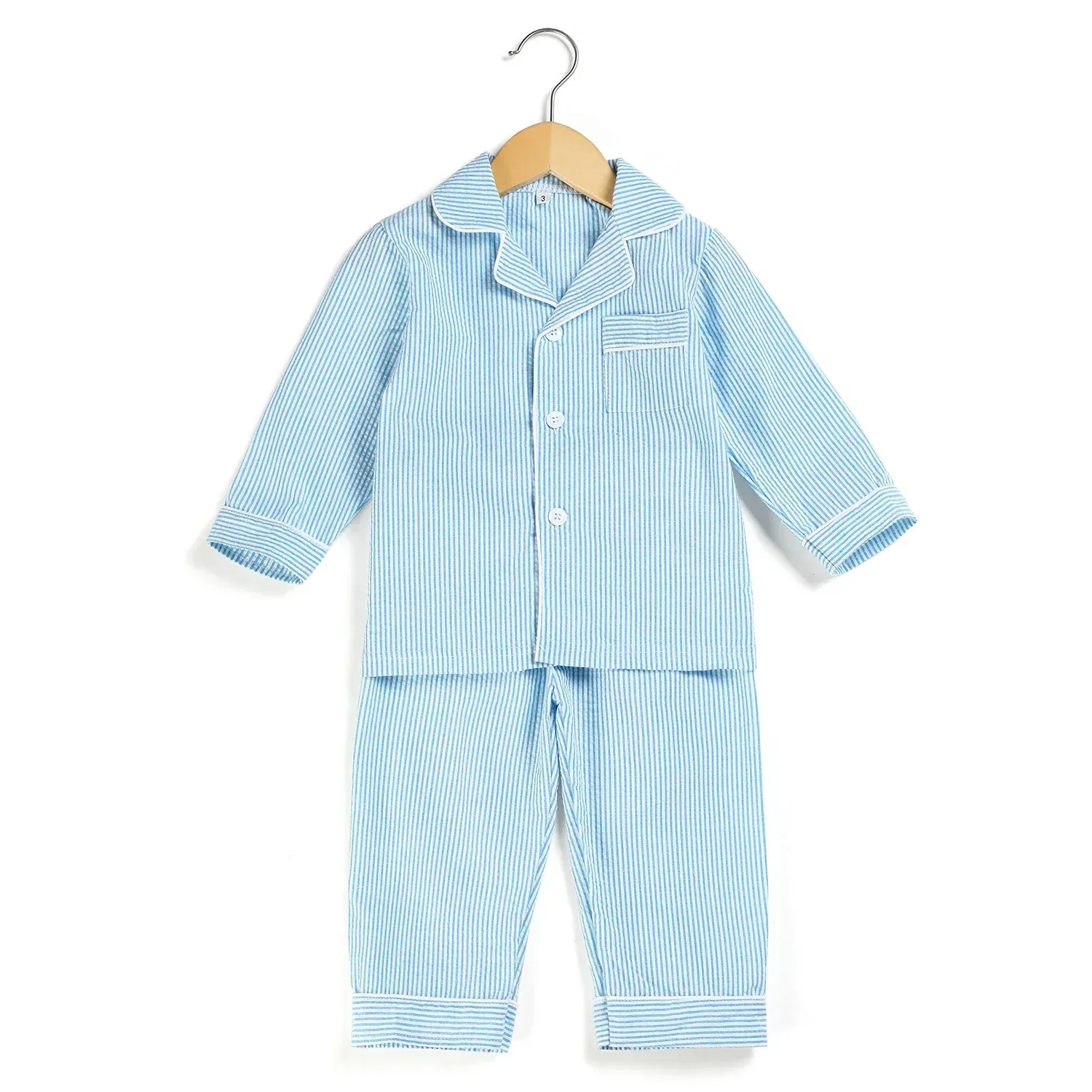 Color: SKY BLUE, Ships From: CHINA, Kid Size: 6T - Ruffkids 100% Cotton Summer Kids Pajamas Sleepwear Seersucker Striped Matching Pjs Boys Clothes Loungewear Girls Pyjamas Set