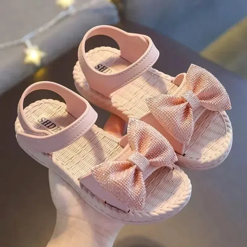 Color: black, Shoe Size: 1.5 - Girls Sandals 2024 Summer Princess Children Sandals Bow Tie Girl Shoes Fashion Casual Non Slip Kids Beach Shoes